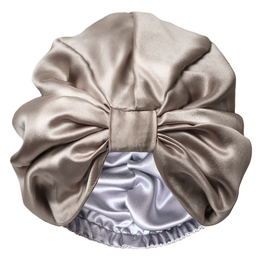 Qrown® Dvousrtanný hedvábný turban na spaní – Champagne / Šedá