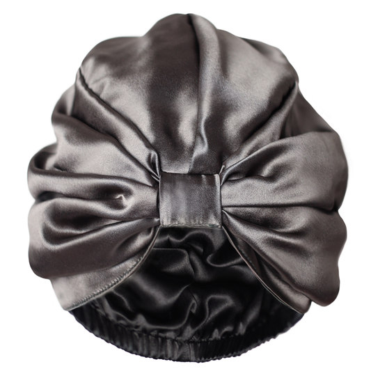 Qrown® Dvousrtanný hedvábný turban na spaní – Grafitová / Černá