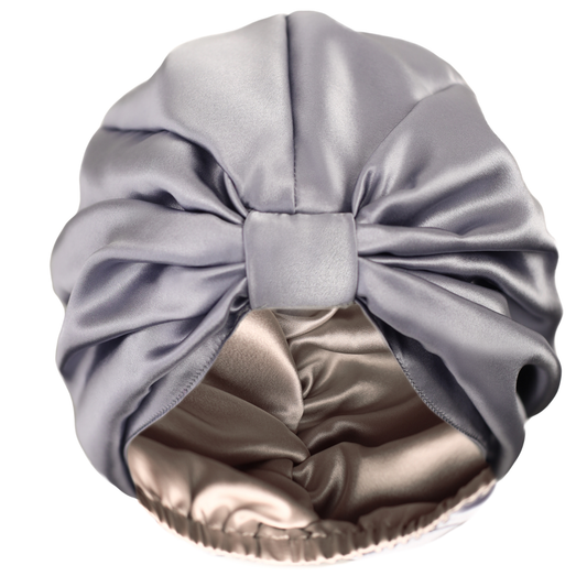 Qrown® Dvousrtanný hedvábný turban na spaní – Champagne / Šedá