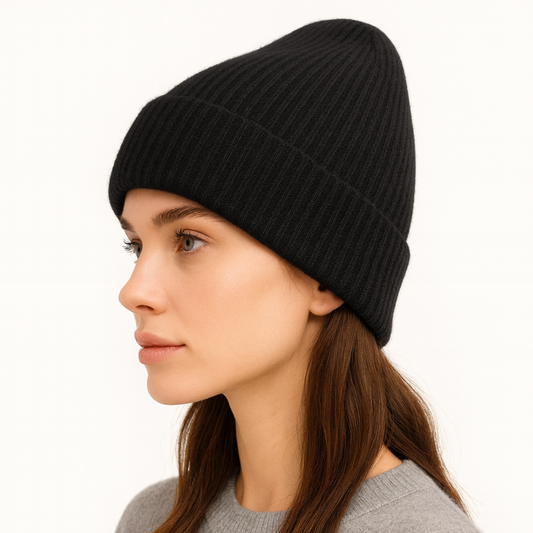 Qrown® 100% kašmírová čepice s hedvábnou podšívkou – černá