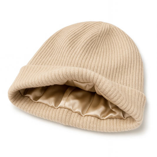 Qrown® 100% kašmírová čepice s hedvábnou podšívkou – béžová