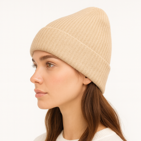Qrown® 100% kašmírová čepice s hedvábnou podšívkou – béžová