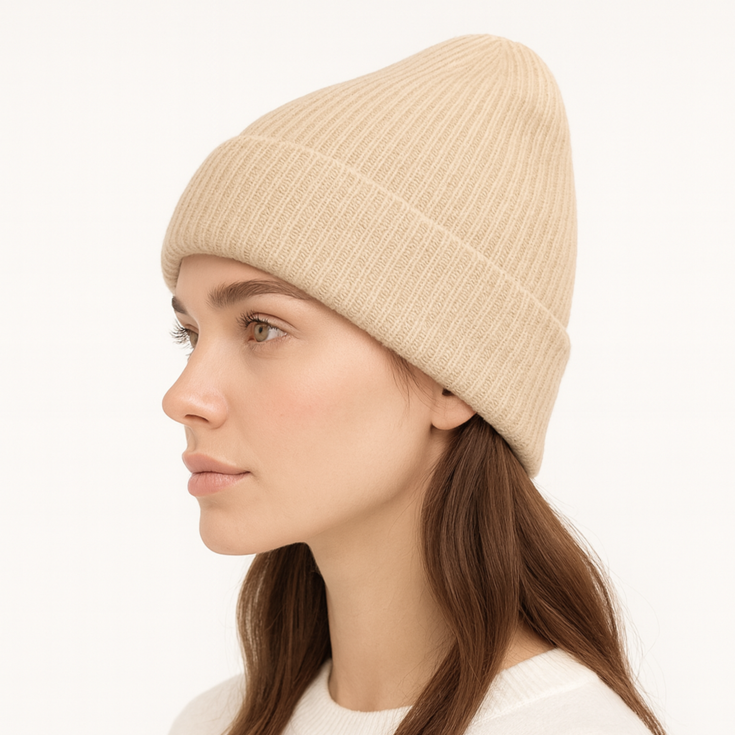 Qrown® Čepice z vlny merino a kašmíru s hedvábnou podšívkou – béžová